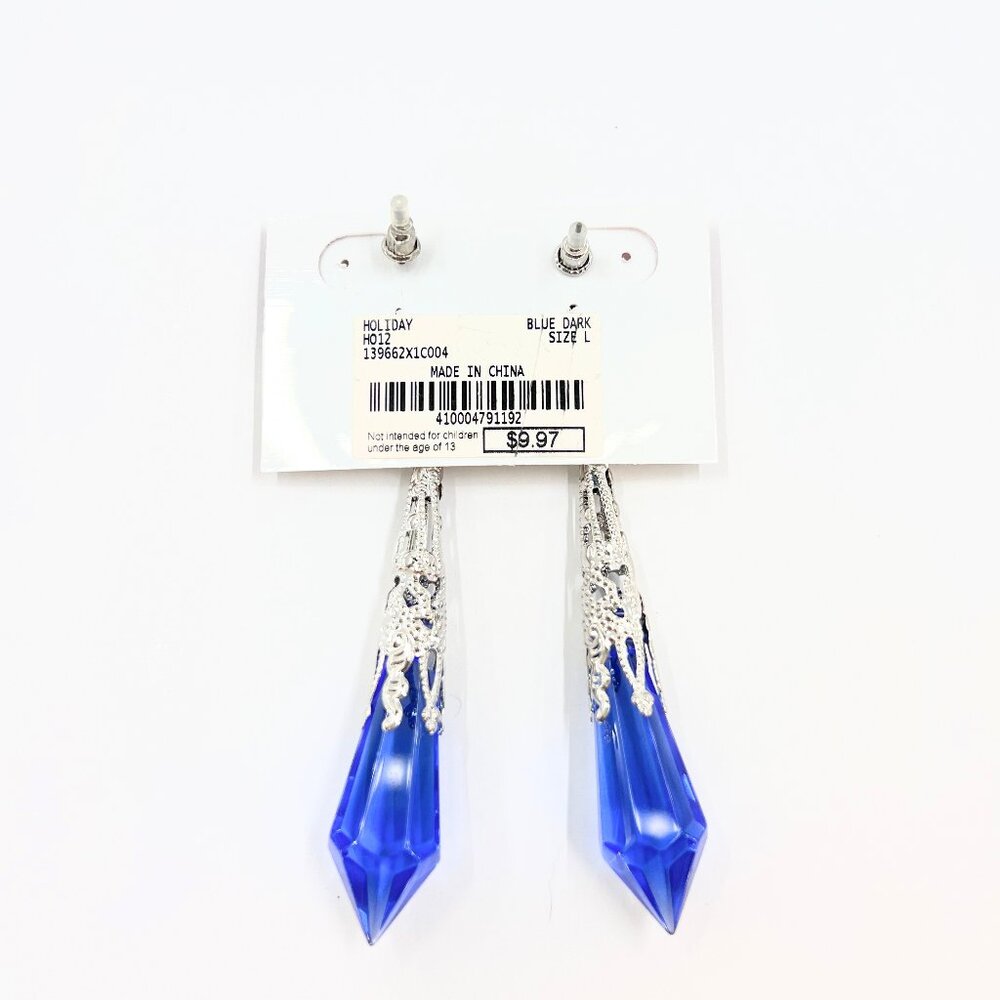 NWT – Charming Charlie – Blue Jeweled Drop Glass Dangle Silver Tone 3.5” Earring - Picture 9 of 9